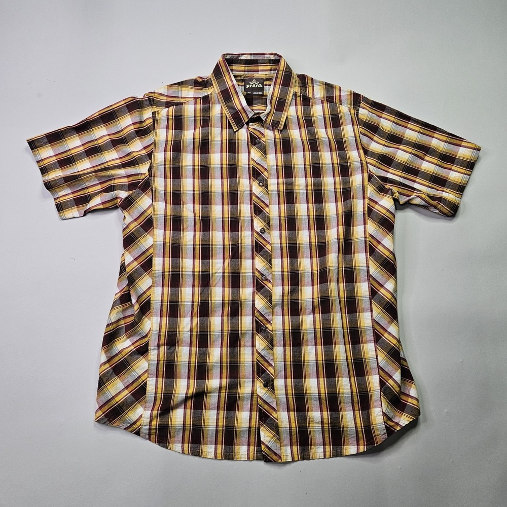 Prana Men's LARGE Plaid Short Sleeve Shirt Snap Buttons Yellow Burgundy Western